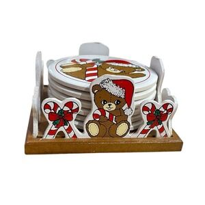 House of Lloyd 1988 Teddy Bear Christmas Coaster Set of 6 Holder Vintage Holiday